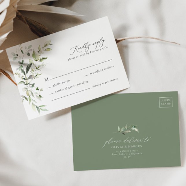Cartão RSVP Boho Sage Greenery Botânico de Casamen (RSVP Card Front/Back)