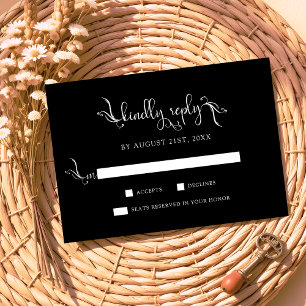 Cartão RSVP Boho Script Black Wedding gentilmente reproduz pla