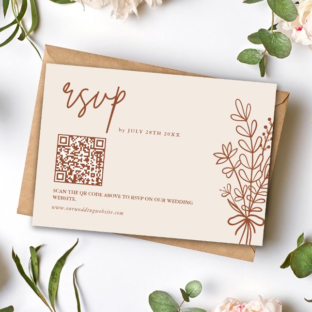 Cartão RSVP Boho Terracotta Burnt Orange Wedding Código QR (Criador carregado)