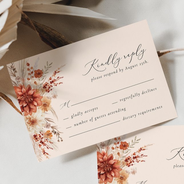 Cartão RSVP Boho Terracotta Dahlia Wildflower Casamento Elegan (Criador carregado)