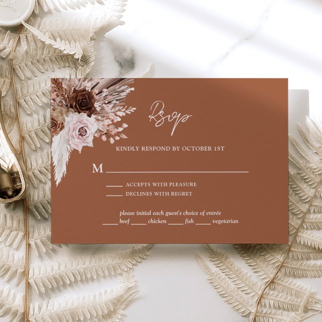 Cartão RSVP Boho Terracotta Pampas Casamento Floral (Criador carregado)