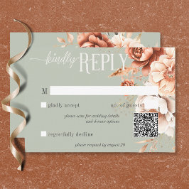 Cartão RSVP Boho Terracotta Peach Cream Floral Verde Código QR