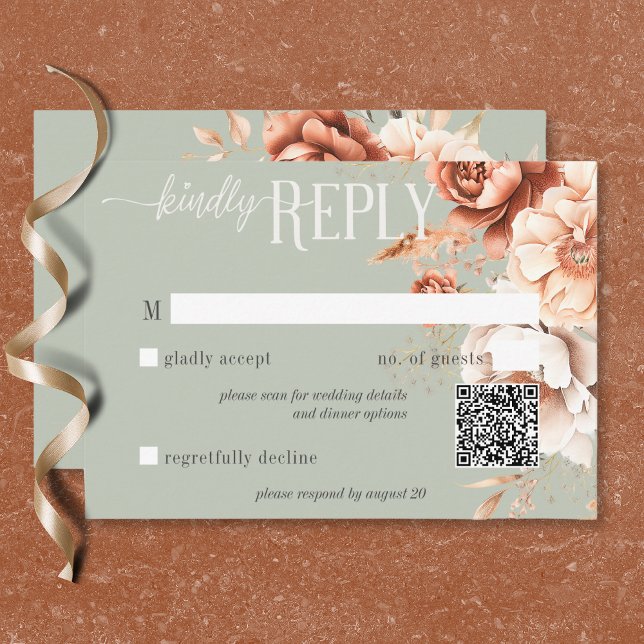 Cartão RSVP Boho Terracotta Peach Cream Floral Verde Código QR (Boho Terracotta Peach Cream Floral Green QR Code RSVP Card)