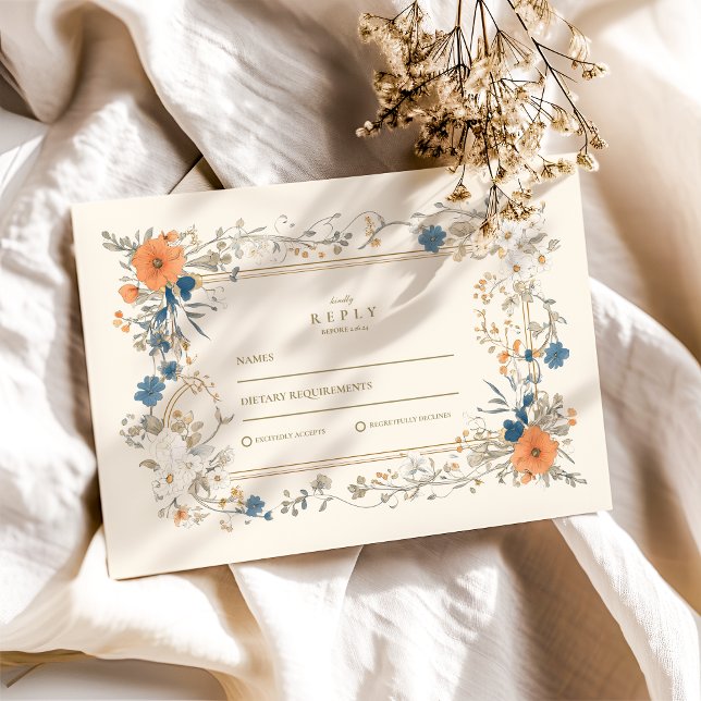 Cartão RSVP Boho Vintage Floral Fern Wedding (Criador carregado)