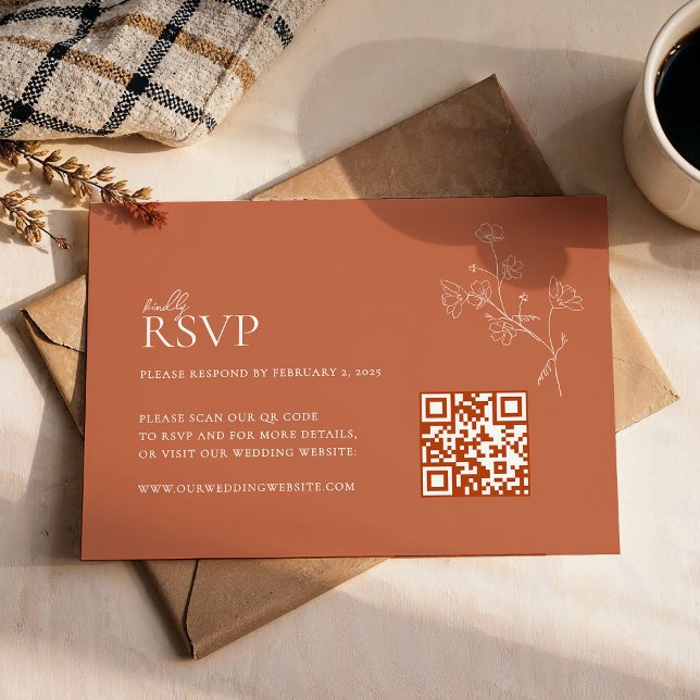 Cartão RSVP Boho Warm Sienna Terracotta Floral Código Qr Casam (Criador carregado)