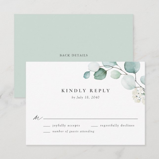 Cartão RSVP Boho Watercolor Eucalyptus Deixa Casamento (Frente/Verso)