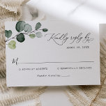 Cartão RSVP Boho Watercolor Eucalyptus Deixa Casamento Verde<br><div class="desc">Projetado para coordenar com a nossa coleção de casamento Boho Greenery, esta placa RSVP personalizável, apresenta uma ramificação de eucalipto aquática com texto gráfico caligráfico, emparelhado com uma fonte de serif & sans modernos em preto. Para fazer alterações avançadas, vá para a opção "Clique para personalizar mais" em Personalizar este...</div>
