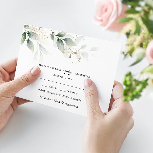 Cartão RSVP Boho Watercolor Eucalyptus Greenery Casamento Dour (Criador carregado)