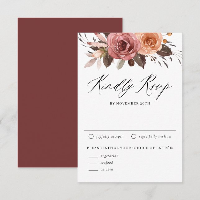 Cartão RSVP Boho Watercolor Fall Flowers Casamento (Frente/Verso)