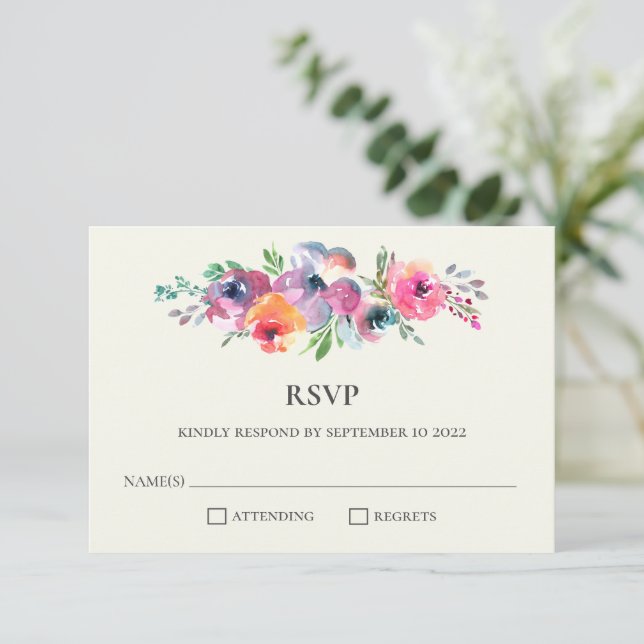 Cartão RSVP Boho Watercolor Flores Moderno Casamento Elegante (Em pé/Frente)