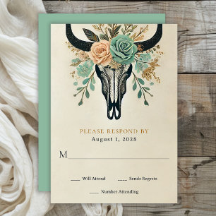 Cartão RSVP Boho Western Floral Bull Cow Skull