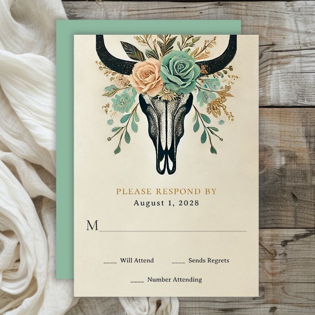 Cartão RSVP Boho Western Floral Bull Cow Skull (Boho Floral Bull Skull Wedding RSVP Card)