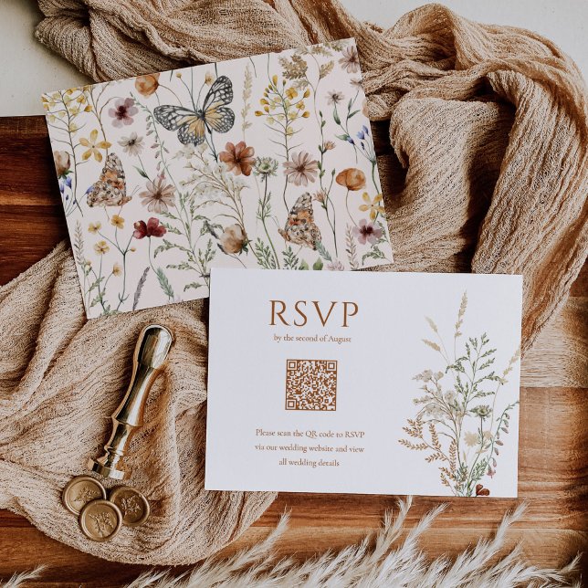 Cartão RSVP Boho Wildflower Butterfly Código QR Casamento (Criador carregado)