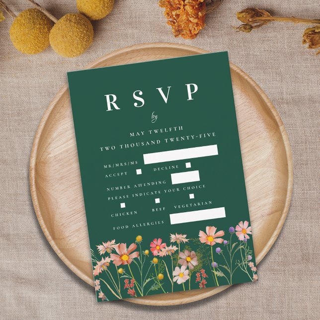 Cartão RSVP Boho Wildflower Farinha Opções de refeição floral  (Boho fall Wildflower floral dark green Wedding rsvp card watercolor flowers elegant modern)