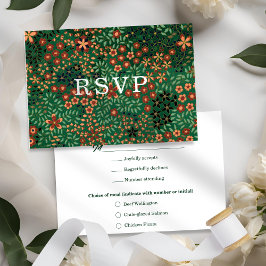 Cartão RSVP Bold Dark Green Red Floral Textile Wedding Meal