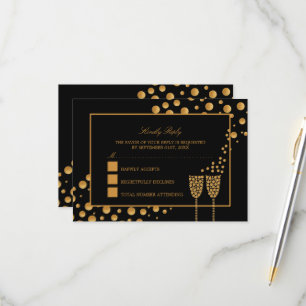 Cartão RSVP Bolhas de Champanhe Douradas - Preto e Dourado - C