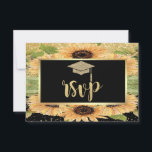 Cartão RSVP Boné de Formando Dourada, Festa de formatura de Gi<br><div class="desc">Dourado boné de formatura brilhante,  girassóis e confete sobre fundo preto.</div>
