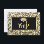 Cartão RSVP Boné de Formando Dourado com Glitter, Festa de for<br><div class="desc">Dourado boné de formatura e quadro luminoso em sequências douradas.</div>