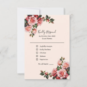 Cartão RSVP Bonito casamento rosa e rosa vermelha verde