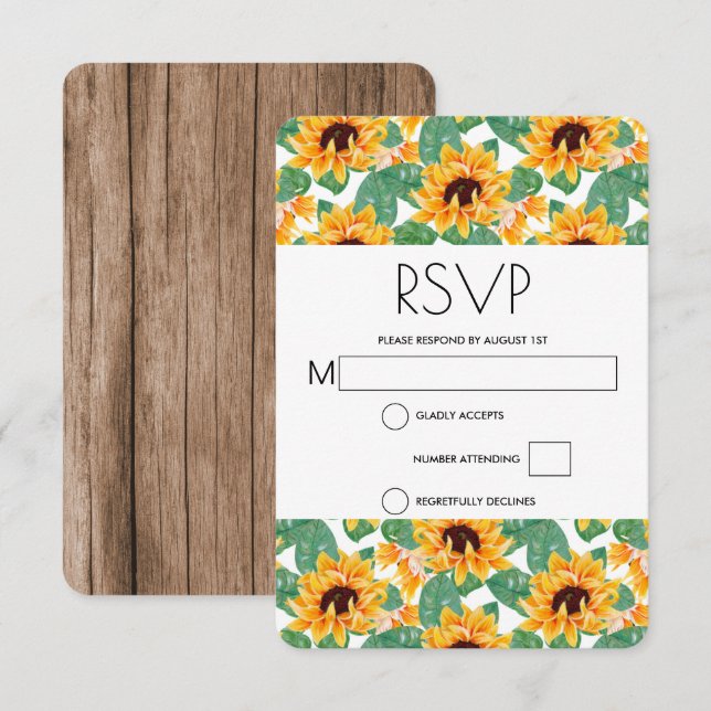 Cartão RSVP Bonito Padrão de Girassol Amarelo e Verde Casament (Frente/Verso)
