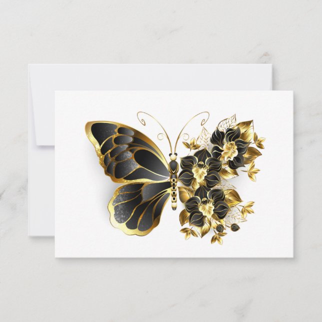 Cartão RSVP Borboleta Flor Dourada com Orquídea Preta (Frente)