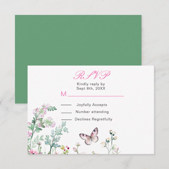 Cartão RSVP Borboleta Floral Verde Primavera Casamento (Frente/Verso)