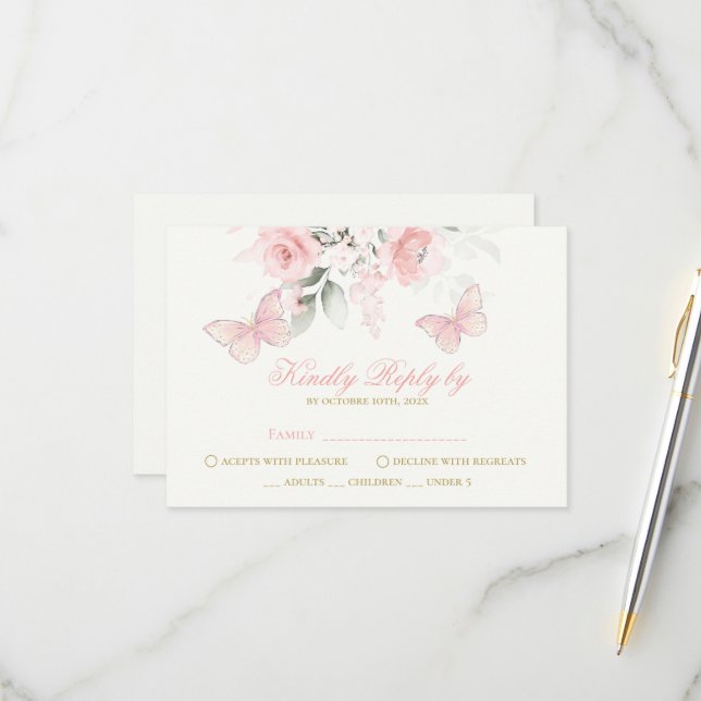Cartão RSVP Borboleta Rosa Quinceañera (Frente/Verso In Situ)