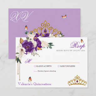 Cartão RSVP Borboleta Rosa Roxo Real Dourada Tiara Quinceanera