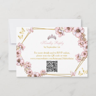 Cartão RSVP Borboleta Tiara Dourada Rosa Quinceañera