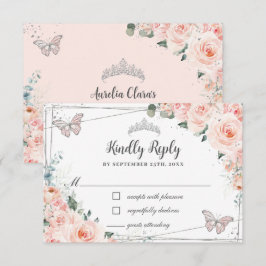 Cartão RSVP Borboletas de prata floral quinceaÑERA
