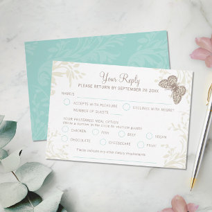 Cartão RSVP Borboletas redemoinho floral creme aqua marrom cas