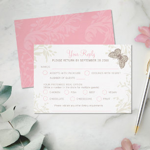 Cartão RSVP Borboletas redemoinho floral rosa creme castanho c