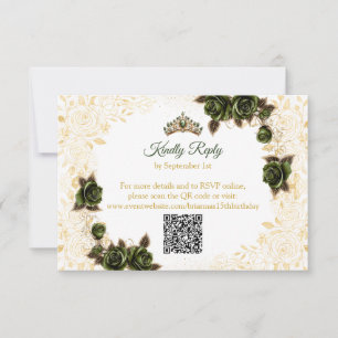 Cartão RSVP Borboletas Tiara Dourada Verde Esmeralda Quinceañe