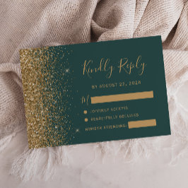 Cartão RSVP Borda com Brilho Dourado Moderno Verde Escuro