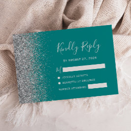 Cartão RSVP Borda de Brilho Azul Teal Moderno Prata