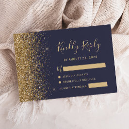 Cartão RSVP Borda de Brilho Dourado Azul Escuro Moderno