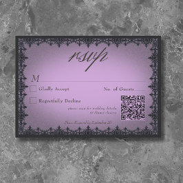 Cartão RSVP Borda de Ferro Gótico Vitoriano Roxo Casamento QR