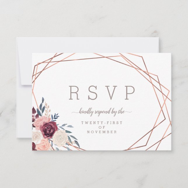 Cartão RSVP Bordado Floral Geométrico Marfim Moderno Burgundy  (Frente)