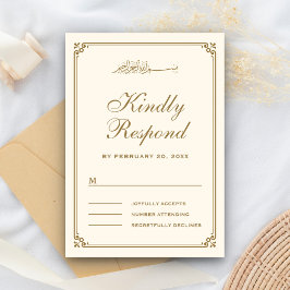 Cartão RSVP Bordadura Creme e Dourada Casamento Muçulmano