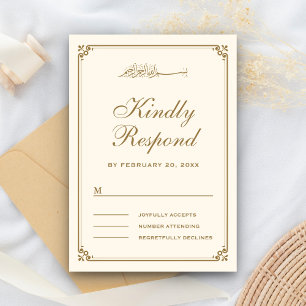 Cartão RSVP Bordadura Creme e Dourada Casamento Muçulmano