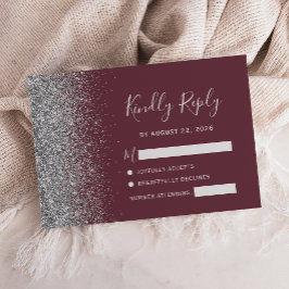 Cartão RSVP Bordadura de Brilho Falso Prata Burgundy Moderna
