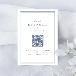 Cartão RSVP Bordas azuis elegantes código QR dourado clássico