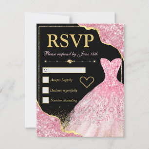 Cartão RSVP Bordas de Glitter Cor-de-Rosa Clara e Vestido Doce