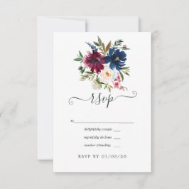 Cartão RSVP Bordo e Naval Aquarela Floral