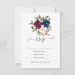 Cartão RSVP Bordo e Naval Aquarela Floral