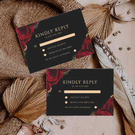 Cartão RSVP Bordô e preto ⎮ Rosa Vermelha Floral Casamento