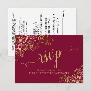 Cartão RSVP Bordô, Marrom e Renda Dourada Caligrafia Casamento