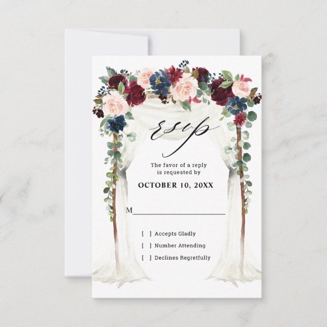 Cartão RSVP Borgonha Bege Naval Flores em Arco dossel Casament (Frente)
