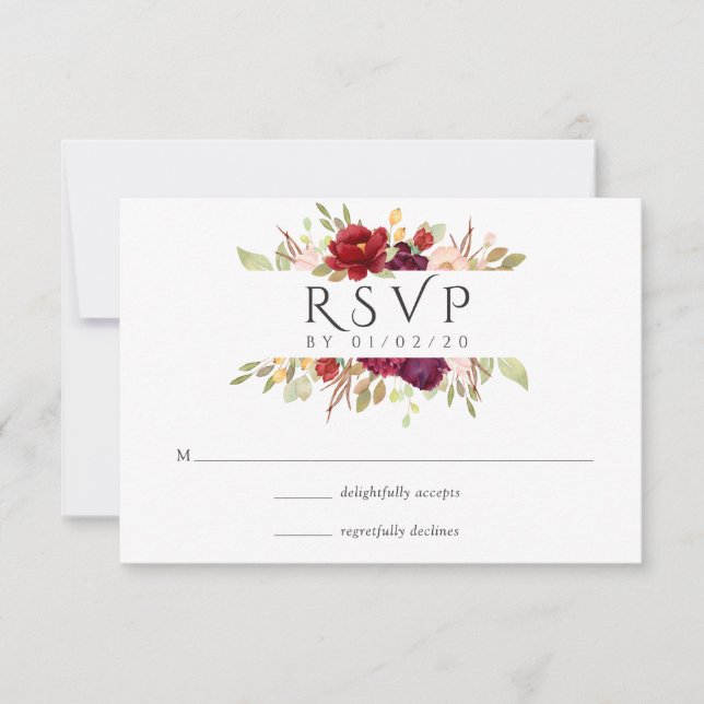 Cartão RSVP Borgonha - Casamento Floral de Marsala e Blush (Frente)