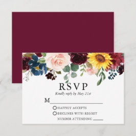 Cartão RSVP Borgonha De Casamento Floral Mistura Elegante